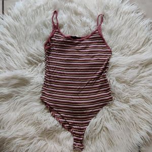 Forever 21 stripped body suit Sz L pink, wht brwn
